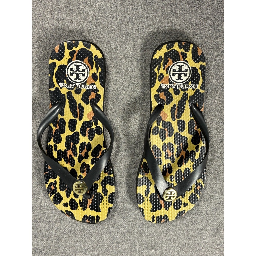 Tory Burch Leopard Print Flip Flop Sandals Womens 10 Black Yellow Logo Comfort